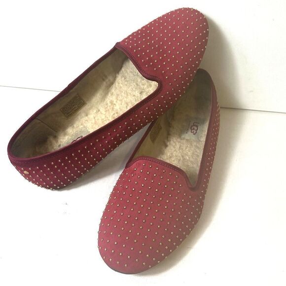 Ugg Ballet Flats Womens Sz 9.5 Red Gold Tone Polka Dot Leather Slip On Sheepskin - Picture 4 of 13